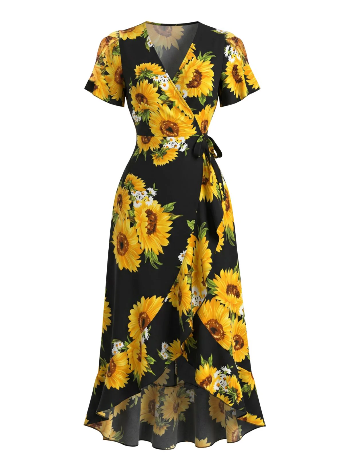 Robe noire coupe cache-cœur col V et motif tournesols années 40 - Image 2