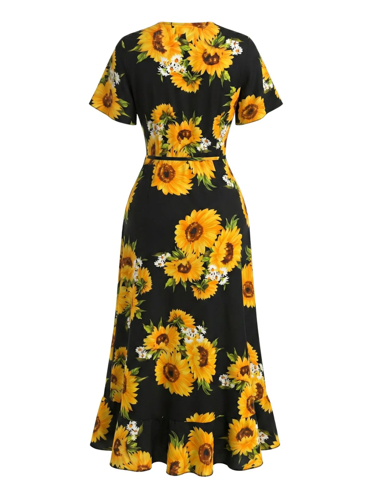 Robe noire coupe cache-cœur col V et motif tournesols années 40 - Image 3