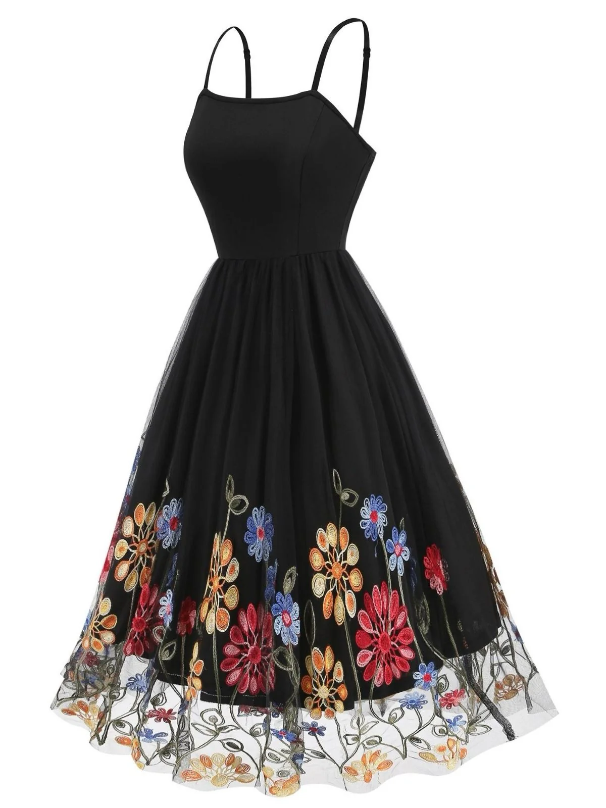 Robe noire en maille brodée de fleurs des années 1950 - Image 2