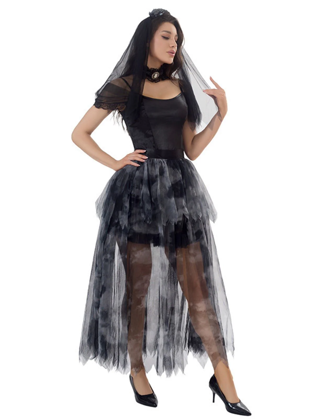 Robe noire en tulle mariée fantôme Halloween années 1970 - Image 2