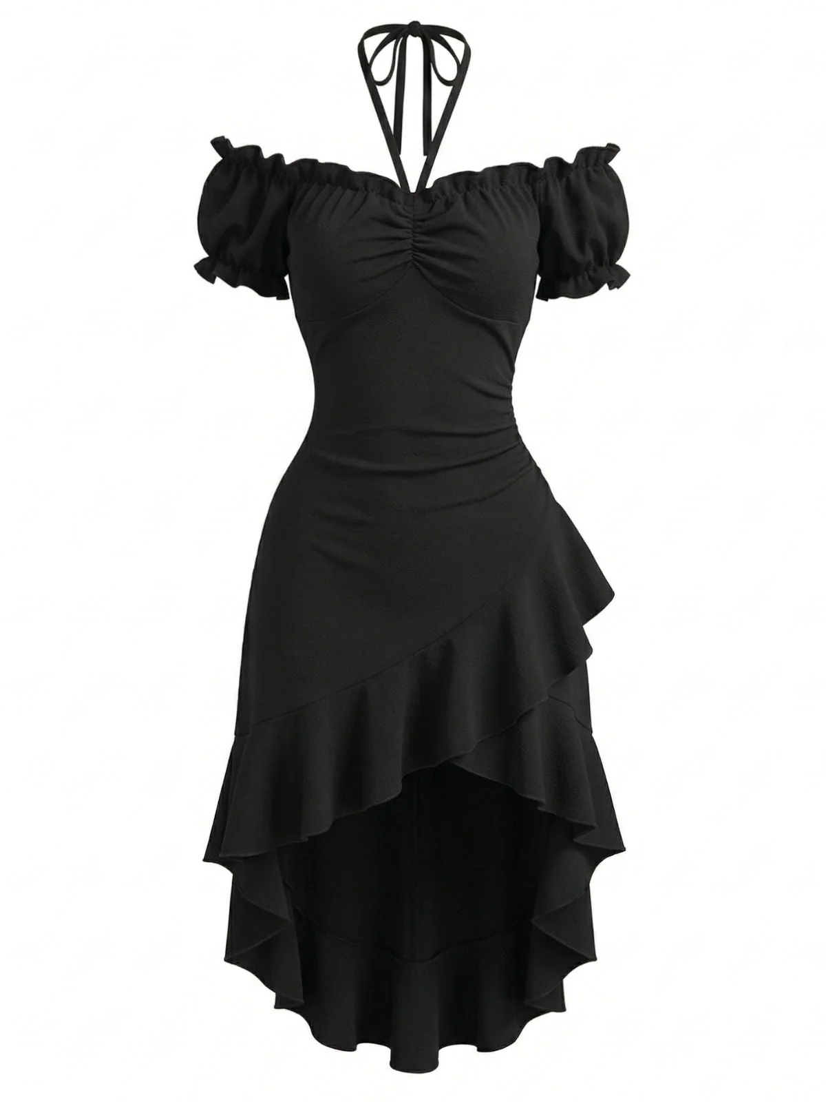 Robe noire épaules dénudées manches bouffantes et volants années 60 - Image 2