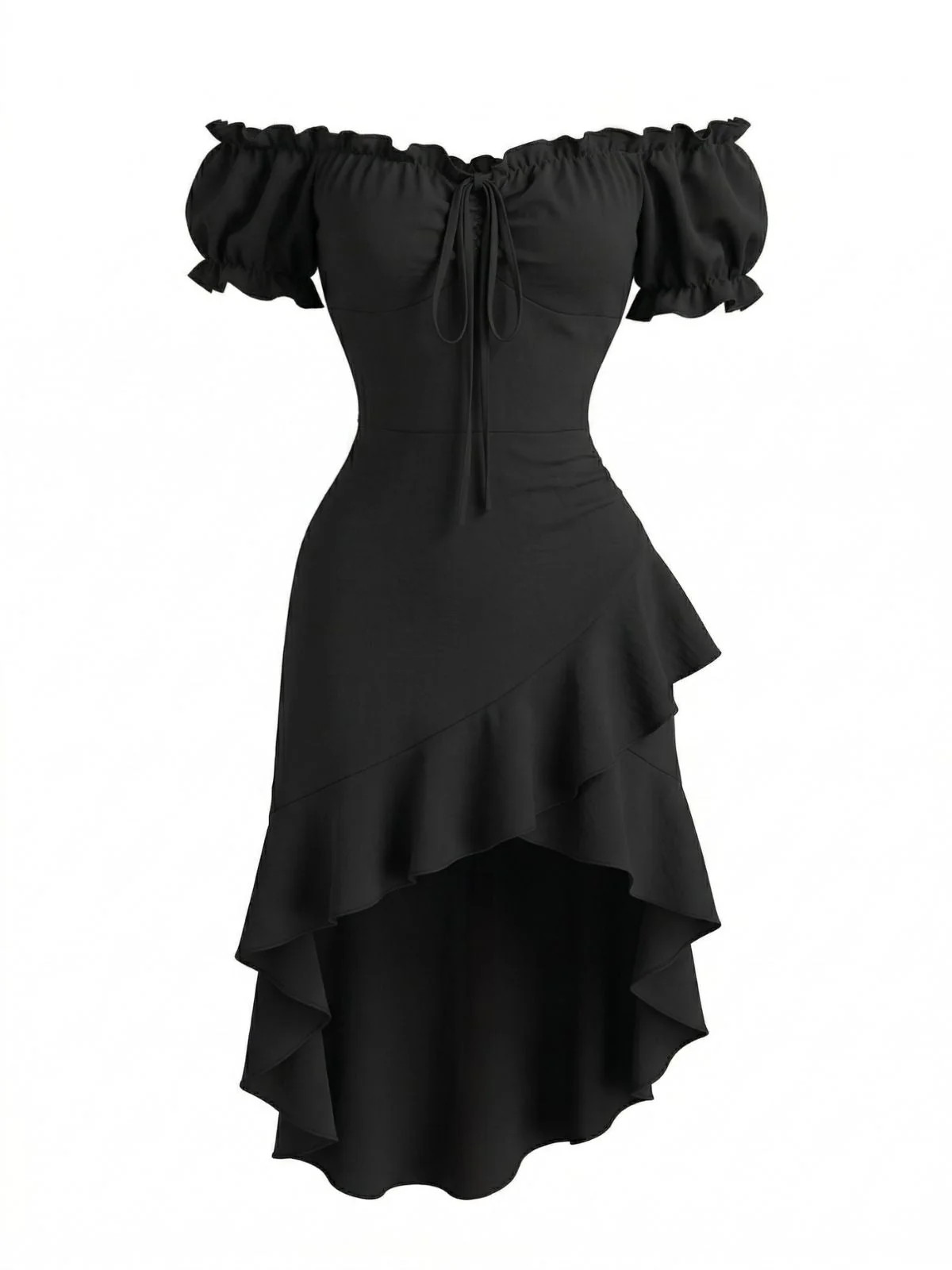 Robe noire épaules dénudées manches bouffantes et volants années 60 - Image 3