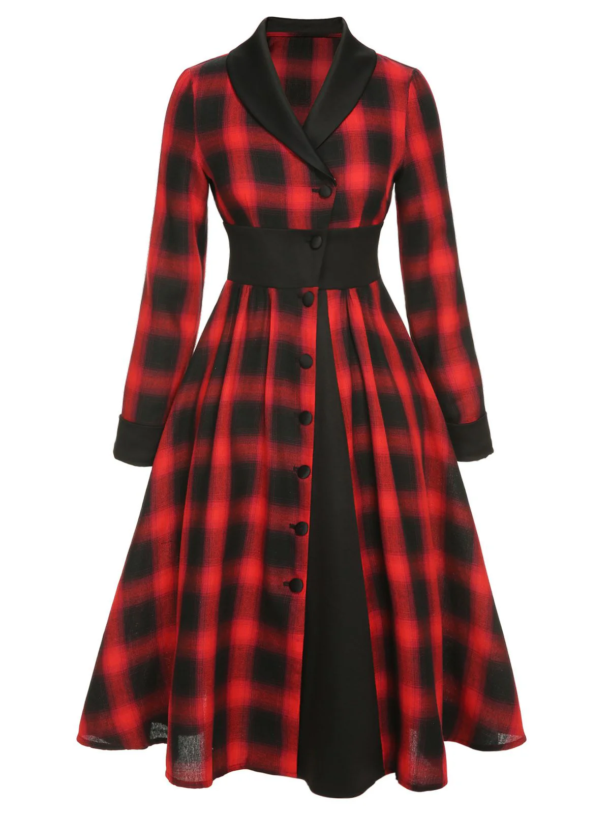 Robe noire et rouge à revers boutonné à carreaux vichy des années 1950 - Image 2