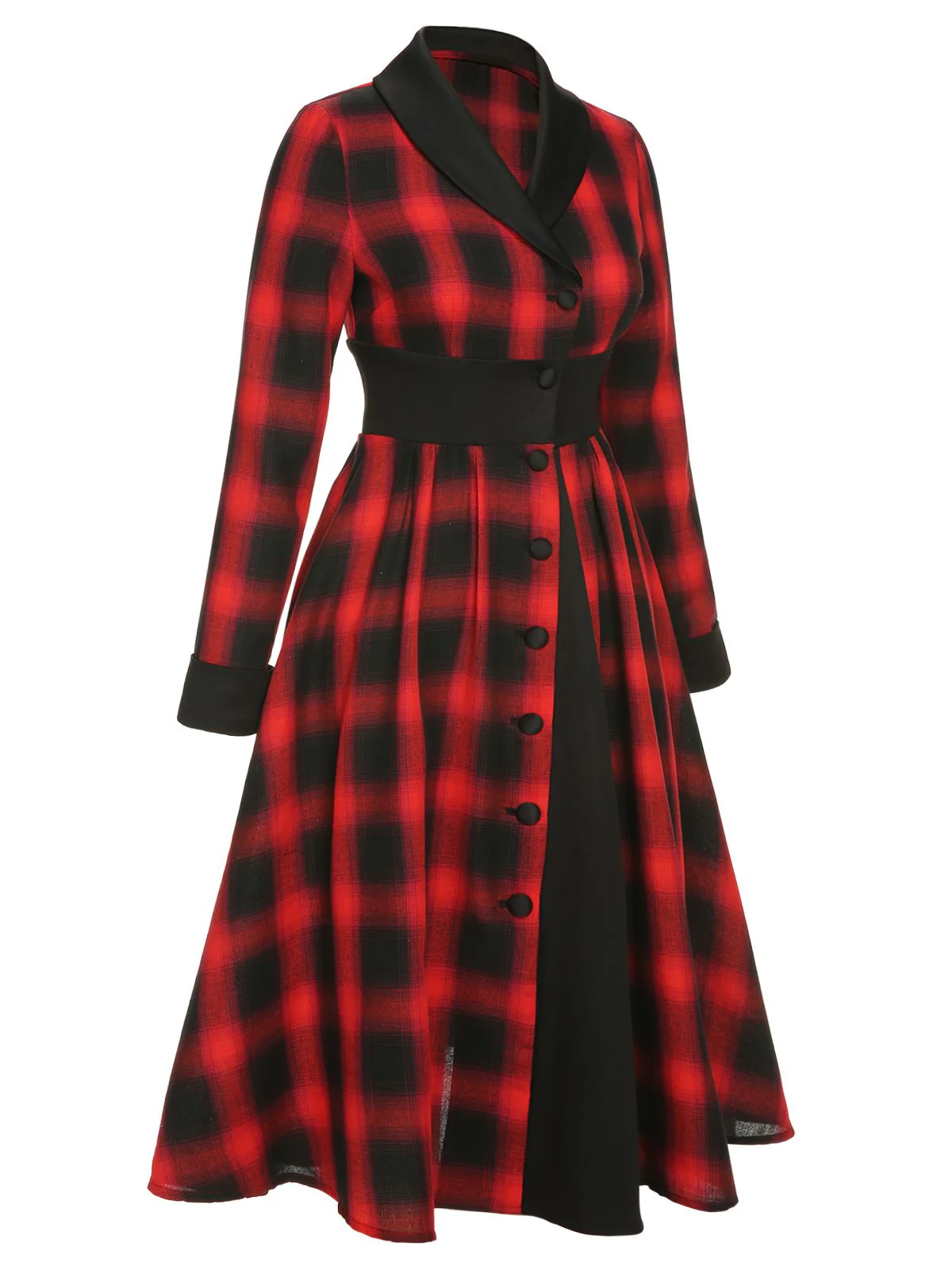 Robe noire et rouge à revers boutonné à carreaux vichy des années 1950 - Image 3