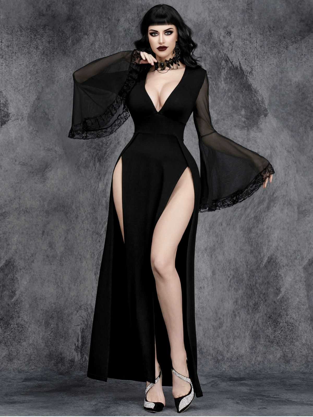 Robe noire gothique à manches évasées en dentelle années 1980 - Image 4