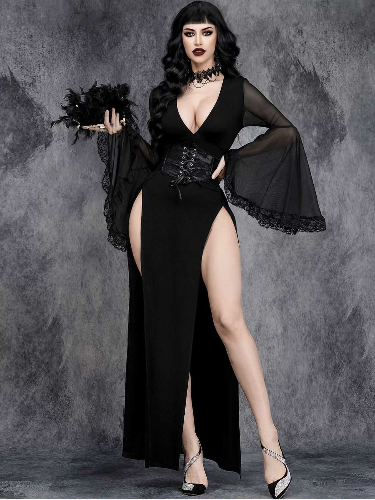 Robe noire gothique à manches évasées en dentelle années 1980 - Image 5