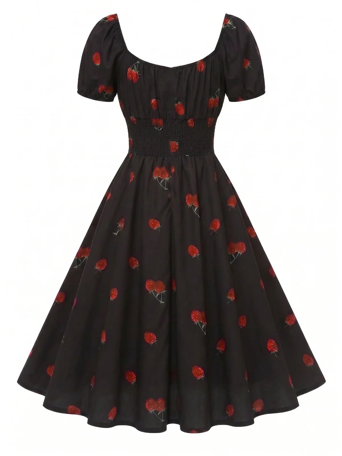 Robe noire imprimé cerises manches bouffantes années 1950 - Image 2