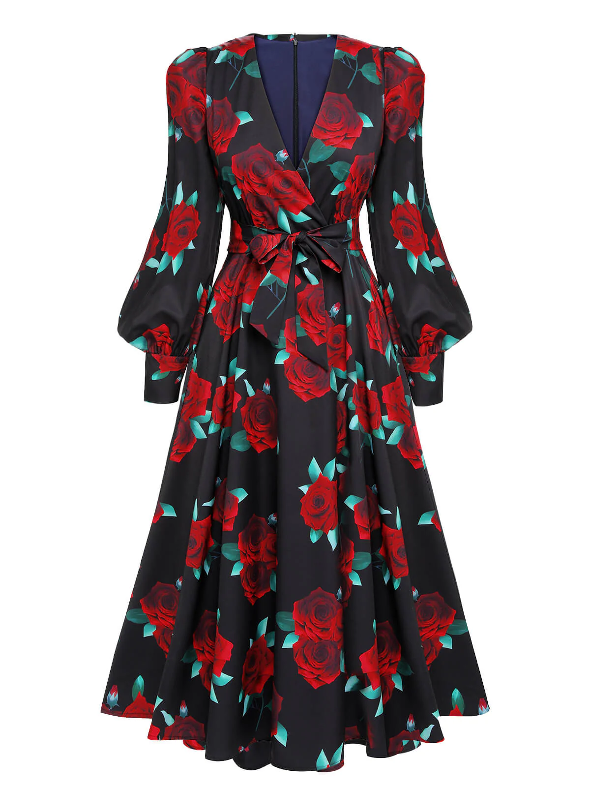 Robe noire à lacets à manches lanterne rose des années 1940 - Image 2