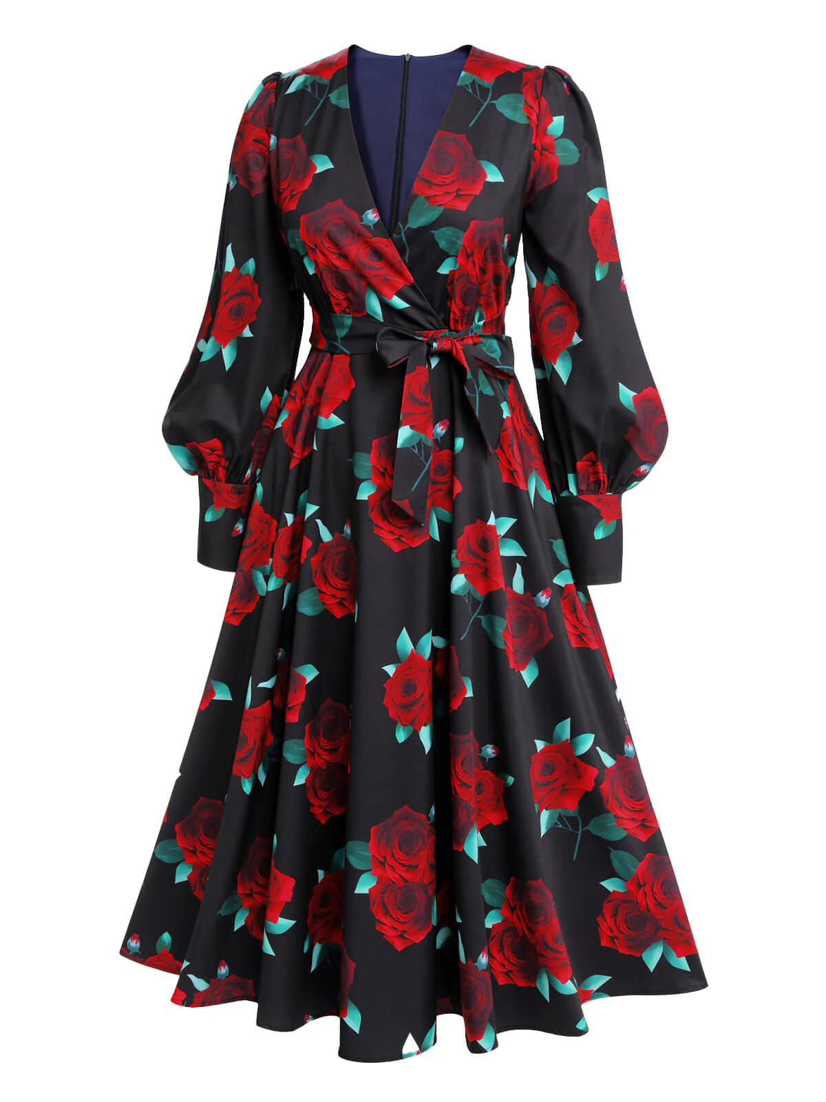 Robe noire à lacets à manches lanterne rose des années 1940 - Image 3