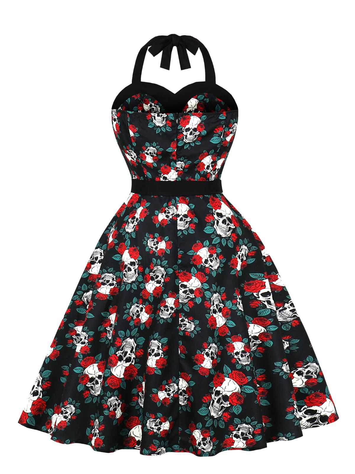Robe noire licou à motif crânes et roses Halloween années 1950 - Image 2