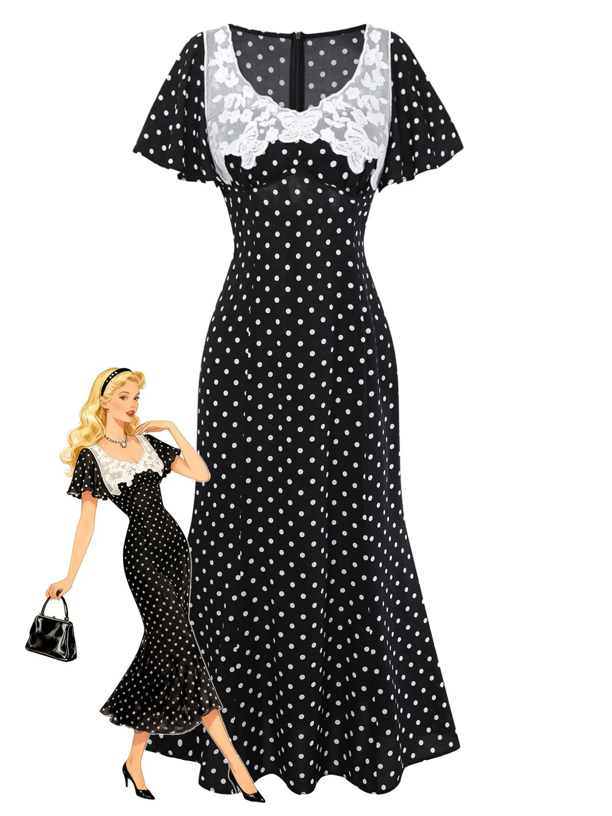 Robe noire à pois patchwork en dentelle manches évasées des années 1930