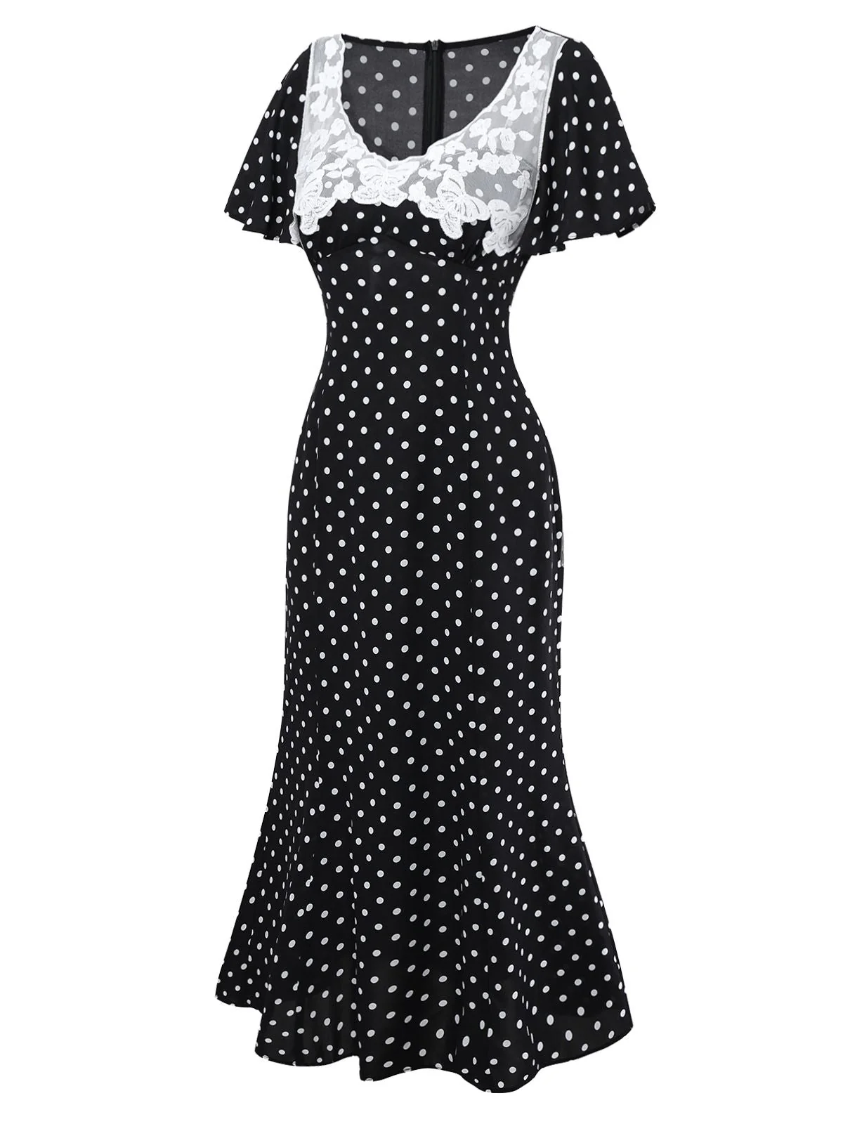 Robe noire à pois patchwork en dentelle manches évasées des années 1930 - Image 5