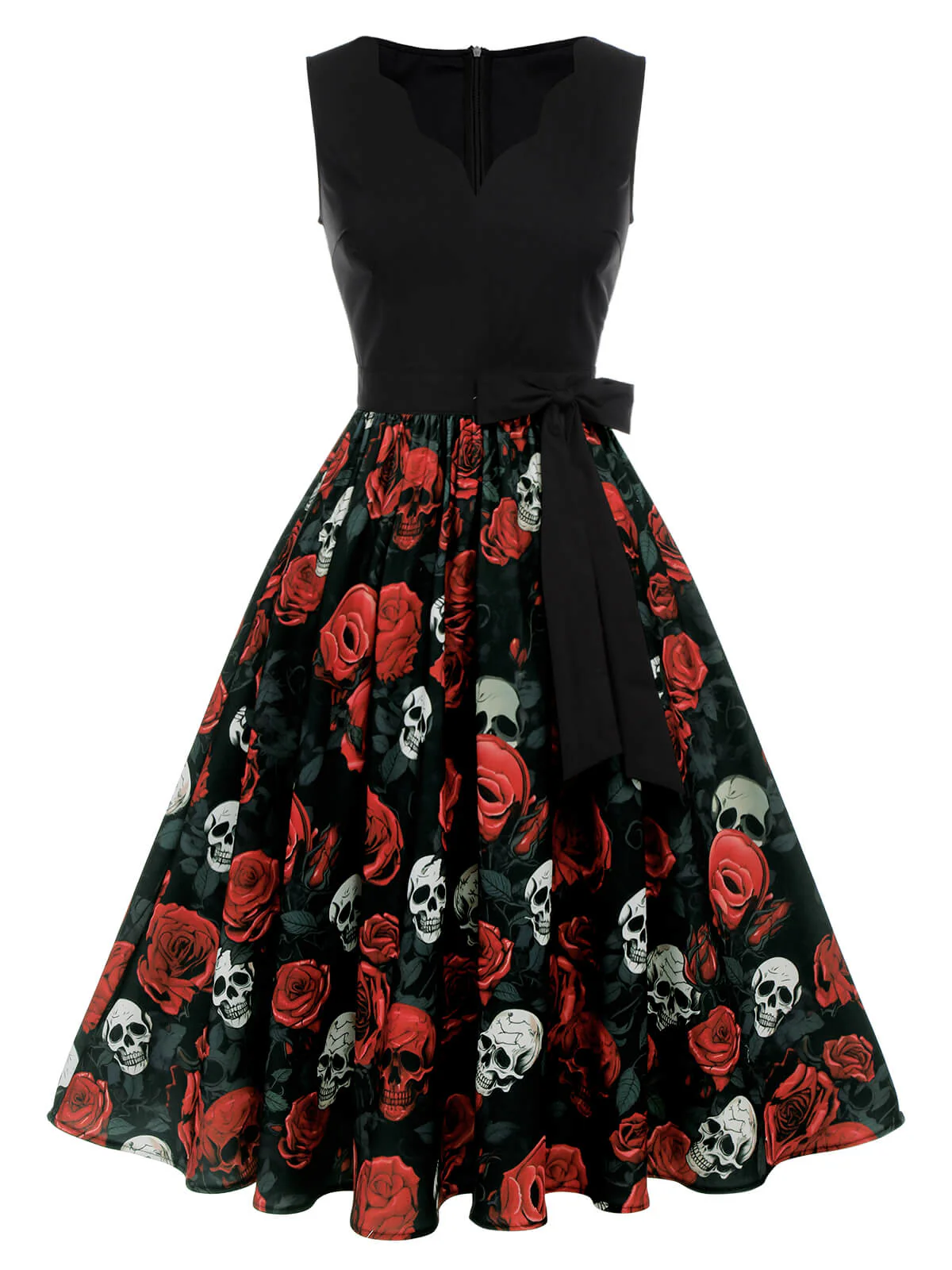 Robe noire sans manches rose tête de mort d'Halloween des années 1950 - Image 2