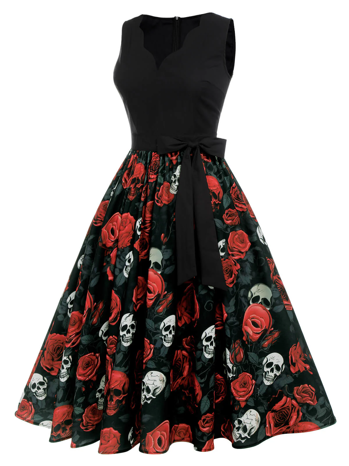 Robe noire sans manches rose tête de mort d'Halloween des années 1950 - Image 3