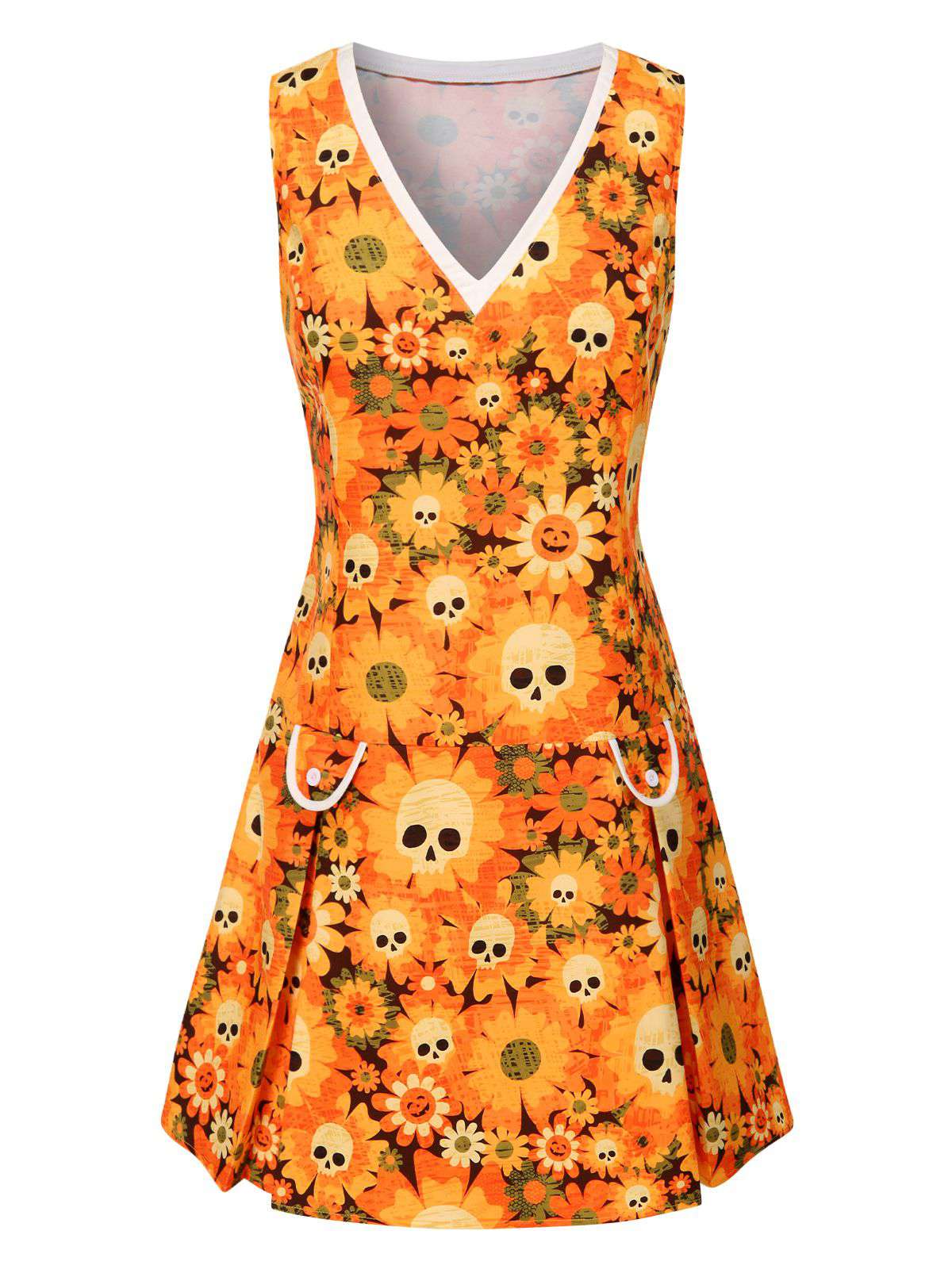 Robe orange fleurl et crâne Halloween années 1960 - Image 2