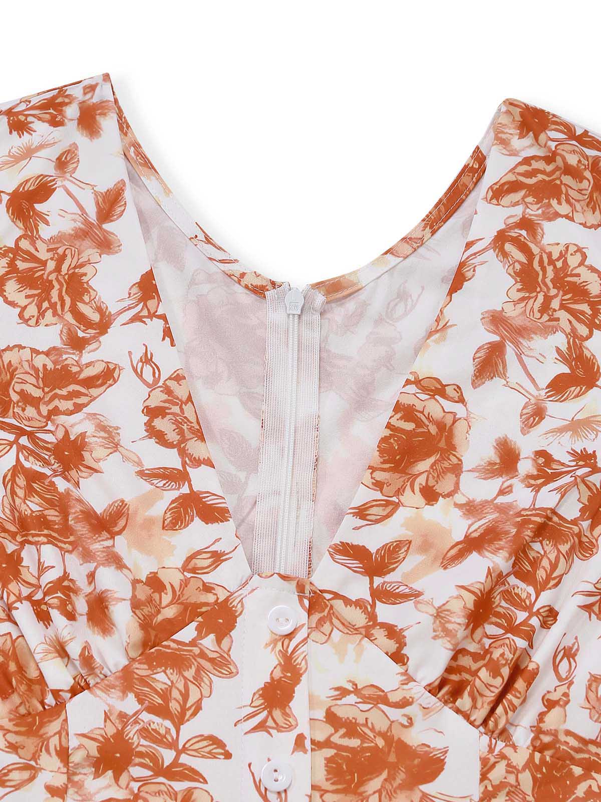 Robe orange fleurs et col V années 60 - Image 4
