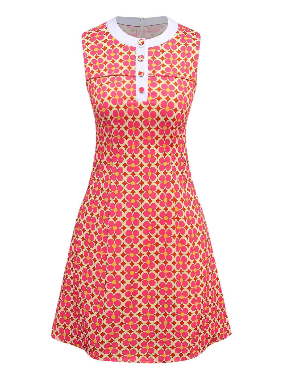 Robe orange imprimé fleurs contrastées boutonnée années 1960 - Image 2