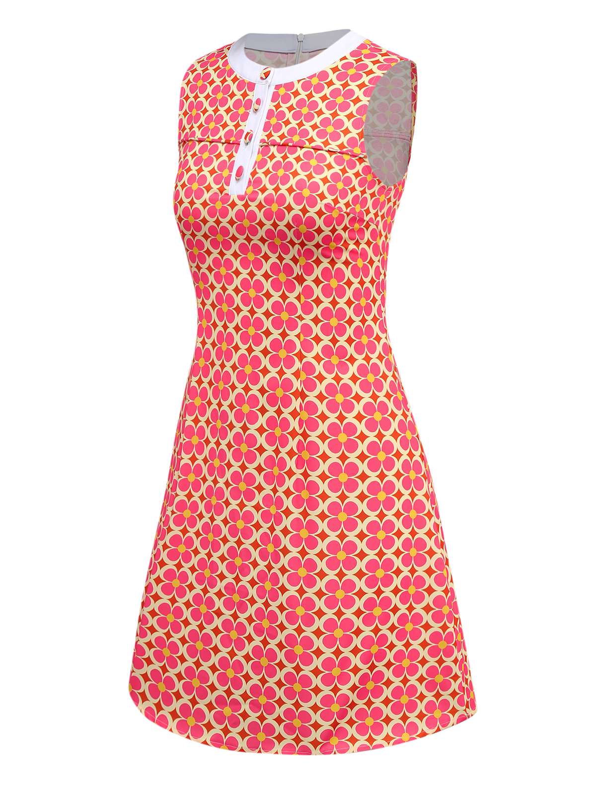 Robe orange imprimé fleurs contrastées boutonnée années 1960 - Image 3