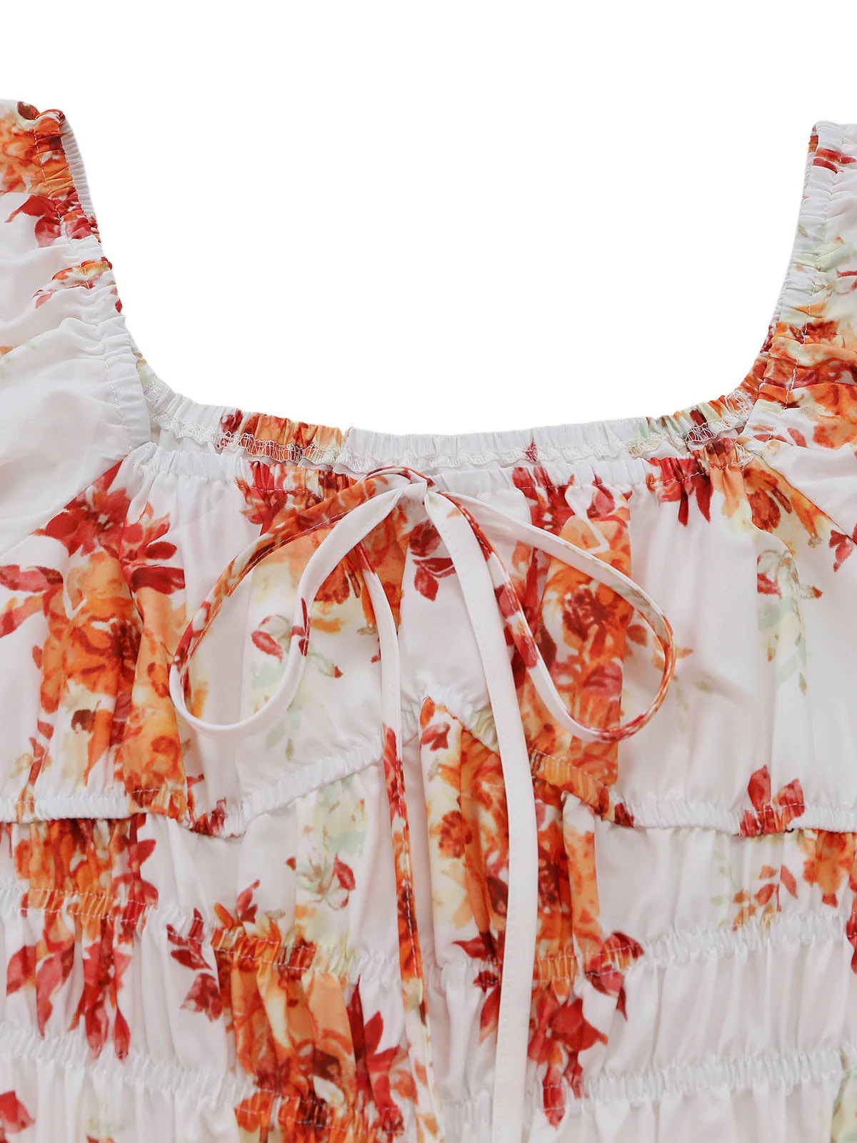 Robe orange motif floral manches bouffantes et détails smockés années 1940 - Image 4