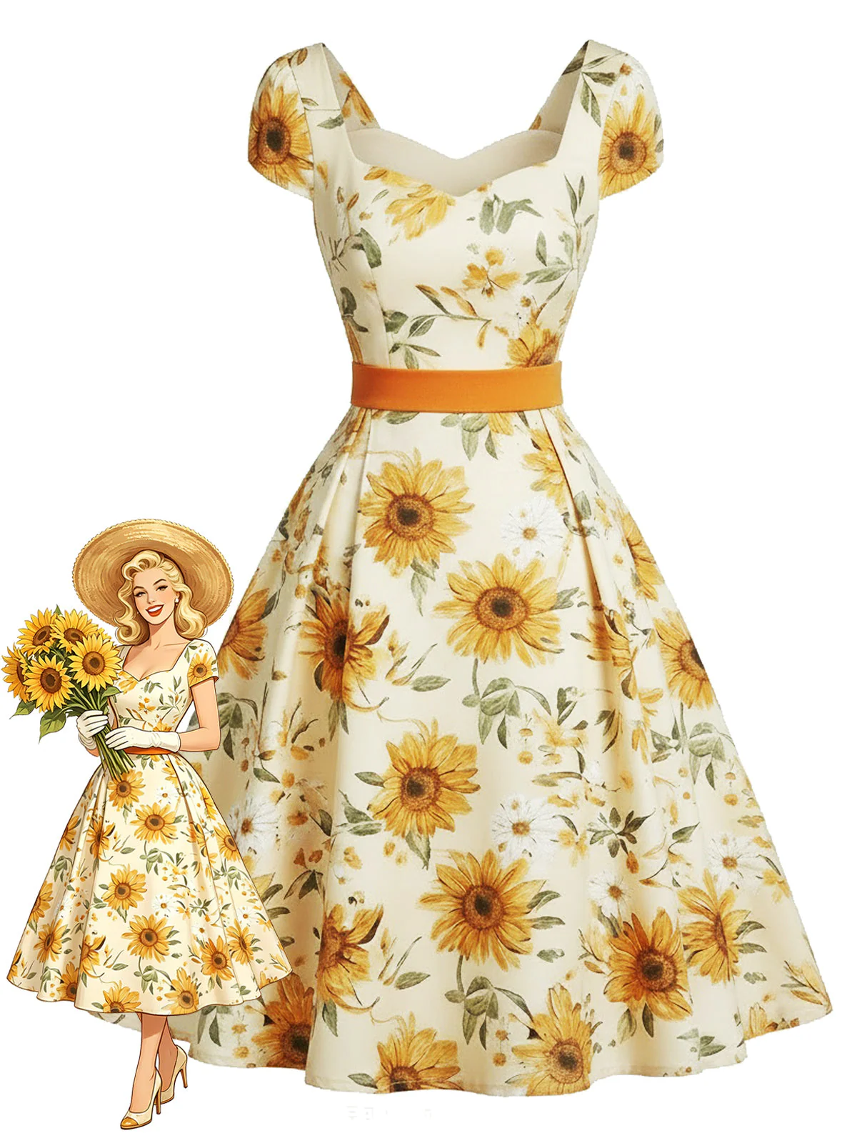 [Prévente] Robe orange motif tournesols et encolure cœur années 50