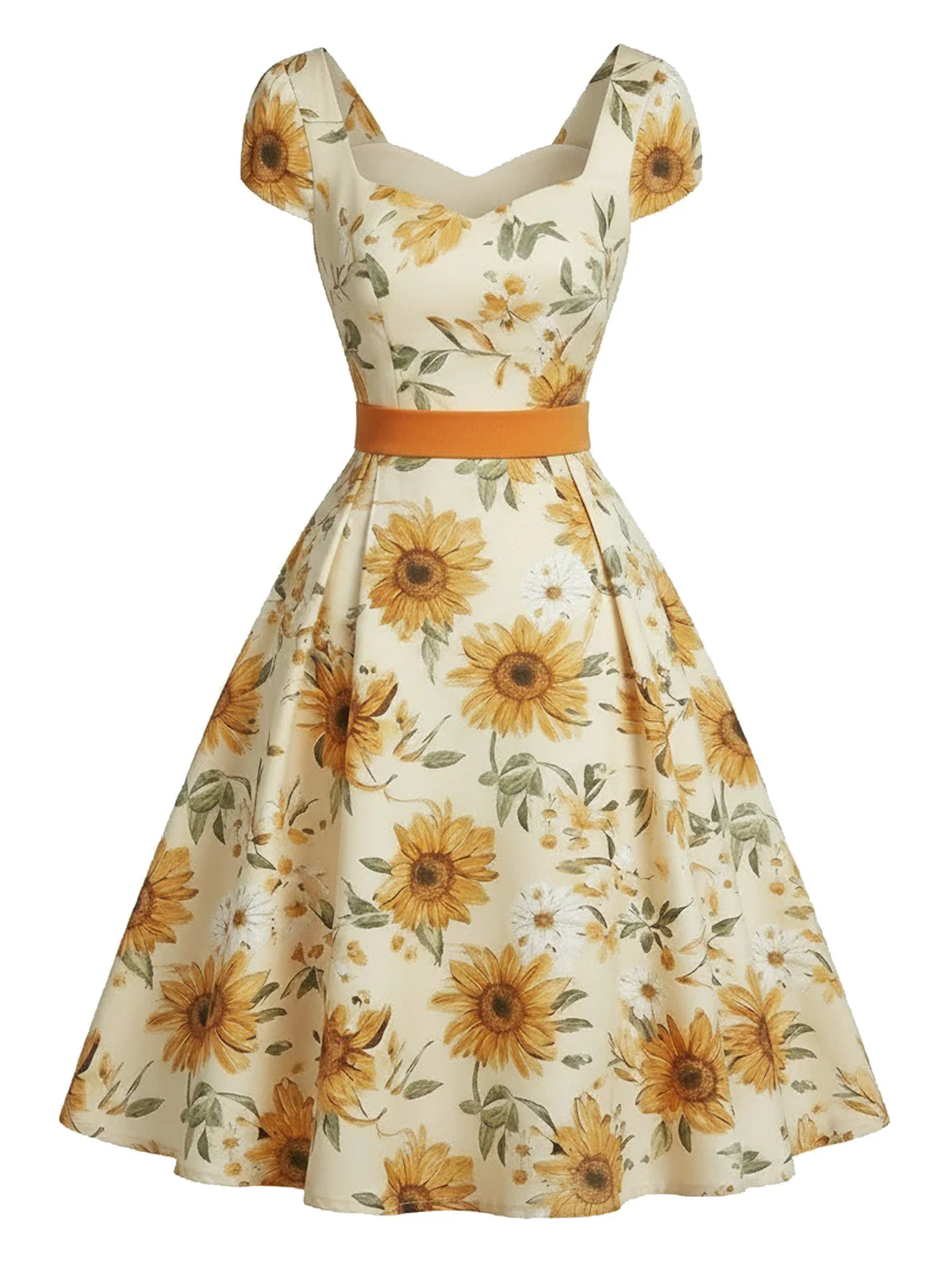 [Prévente] Robe orange motif tournesols et encolure cœur années 50 - Image 3