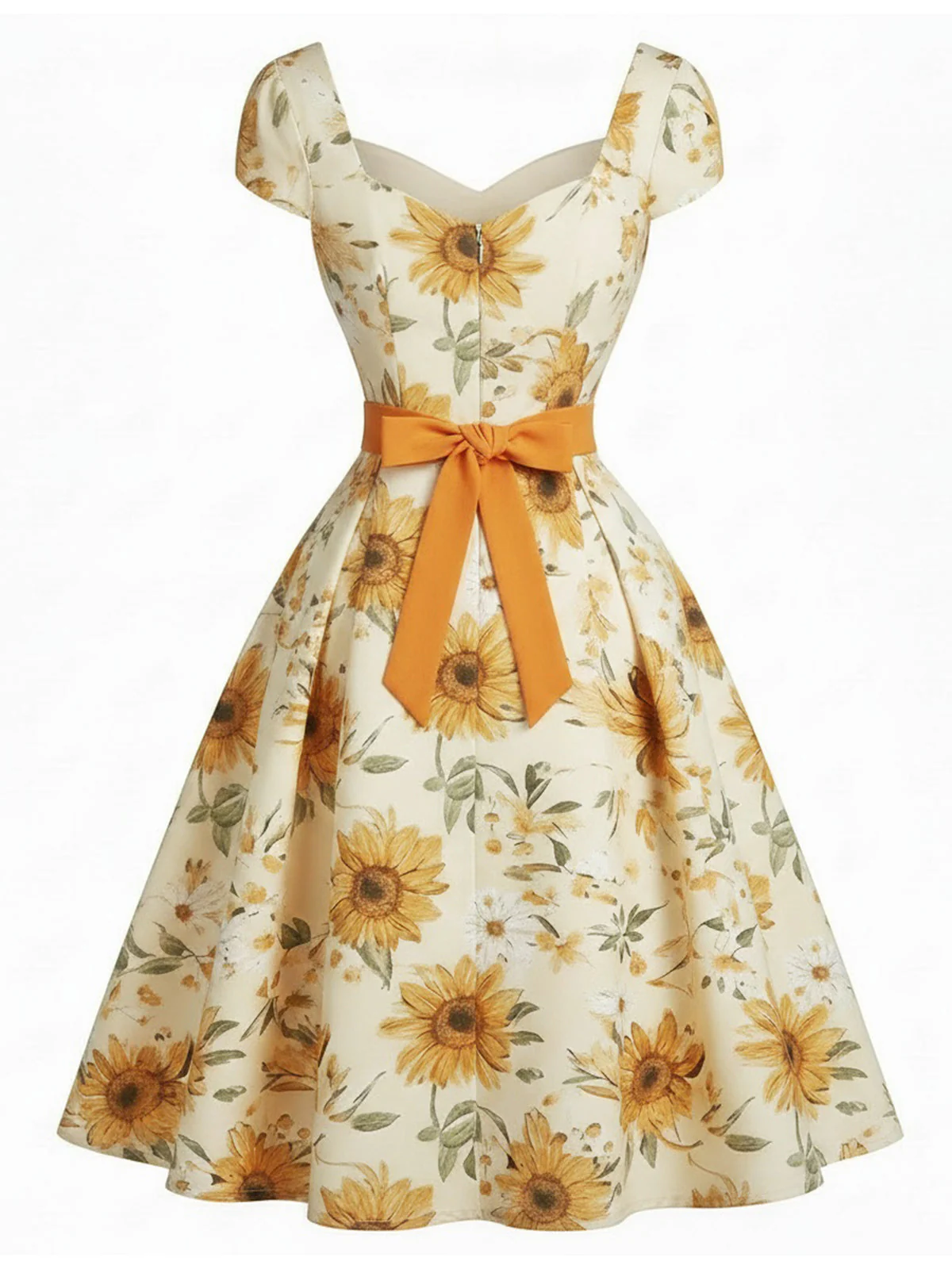 [Prévente] Robe orange motif tournesols et encolure cœur années 50 - Image 4