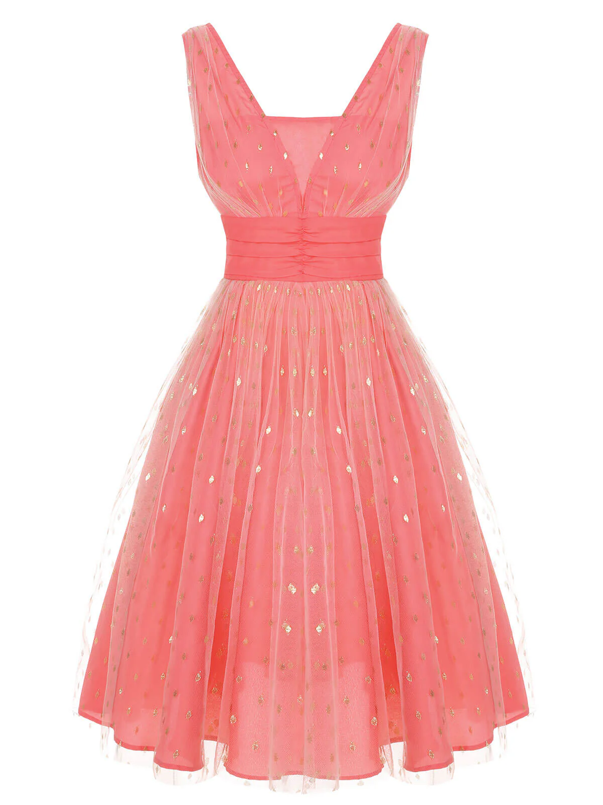 Robe pailletée à col en V rose corail des années 1950 - Image 2