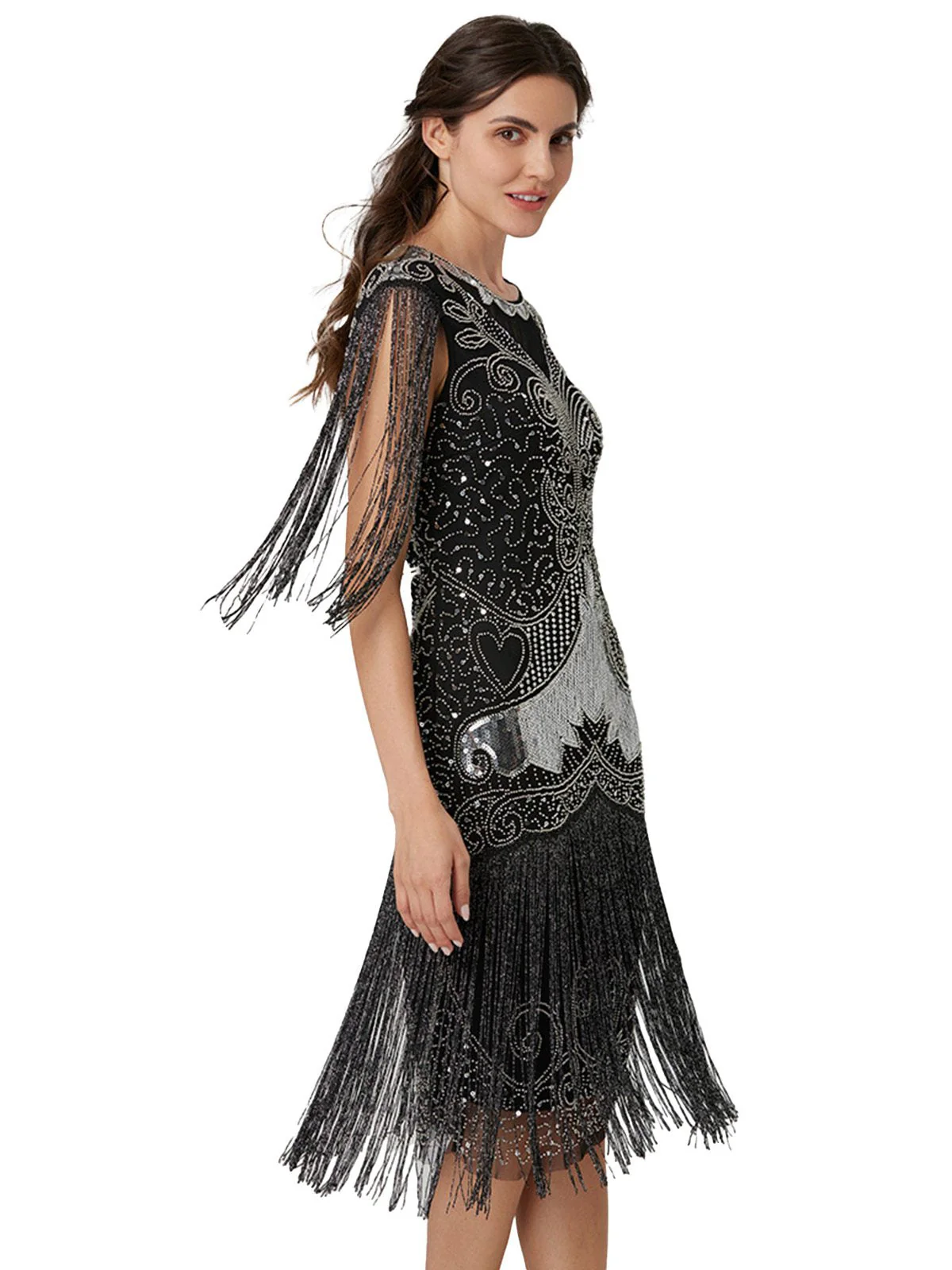 Robe patchwork en maille à paillettes et pompons argentée des années 1920 - Image 2