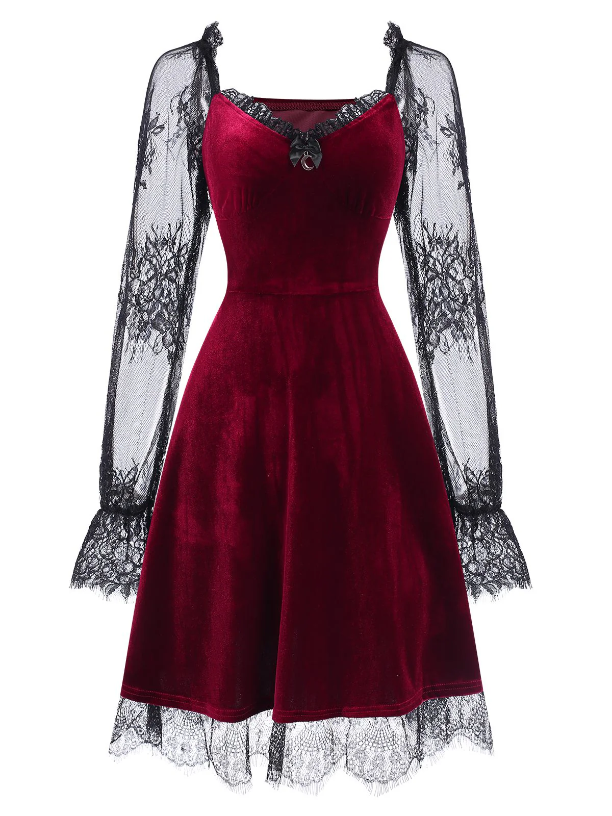 Robe patchwork évasée en dentelle et velours des années 1940 - Image 3