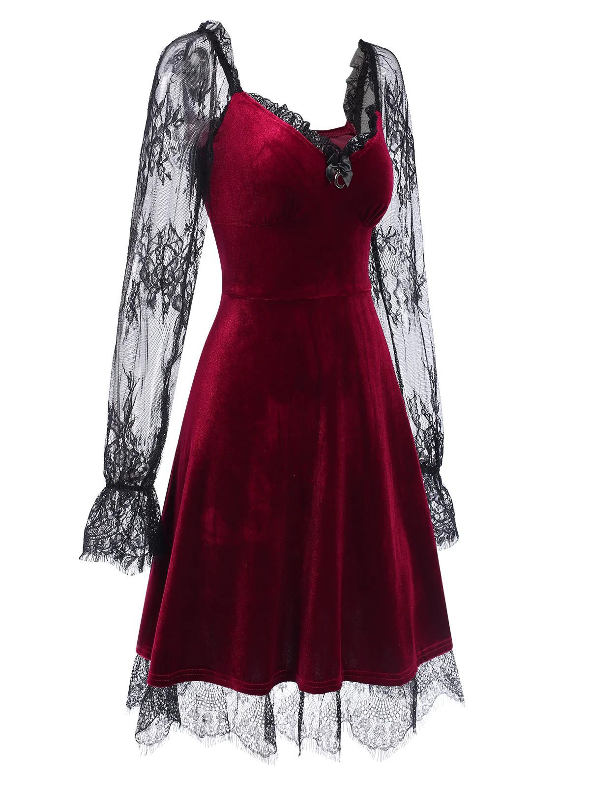Robe patchwork évasée en dentelle et velours des années 1940 - Image 4
