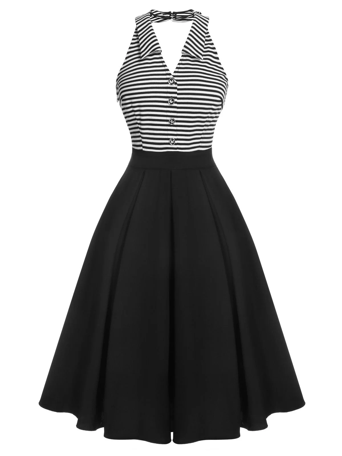Robe patchwork noire à rayures et revers dos nu des années 1950 - Image 2