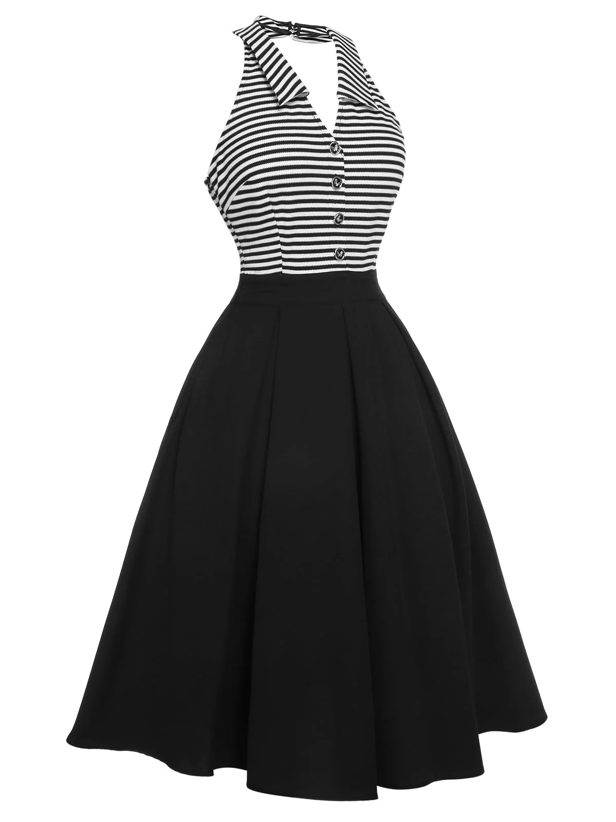 Robe patchwork noire à rayures et revers dos nu des années 1950 - Image 3