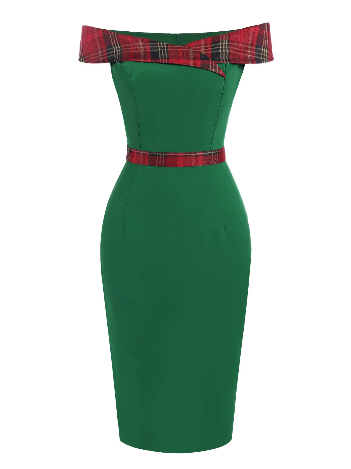 Robe patchwork à épaules dénudées en tartan vert des années 1960 - Image 2