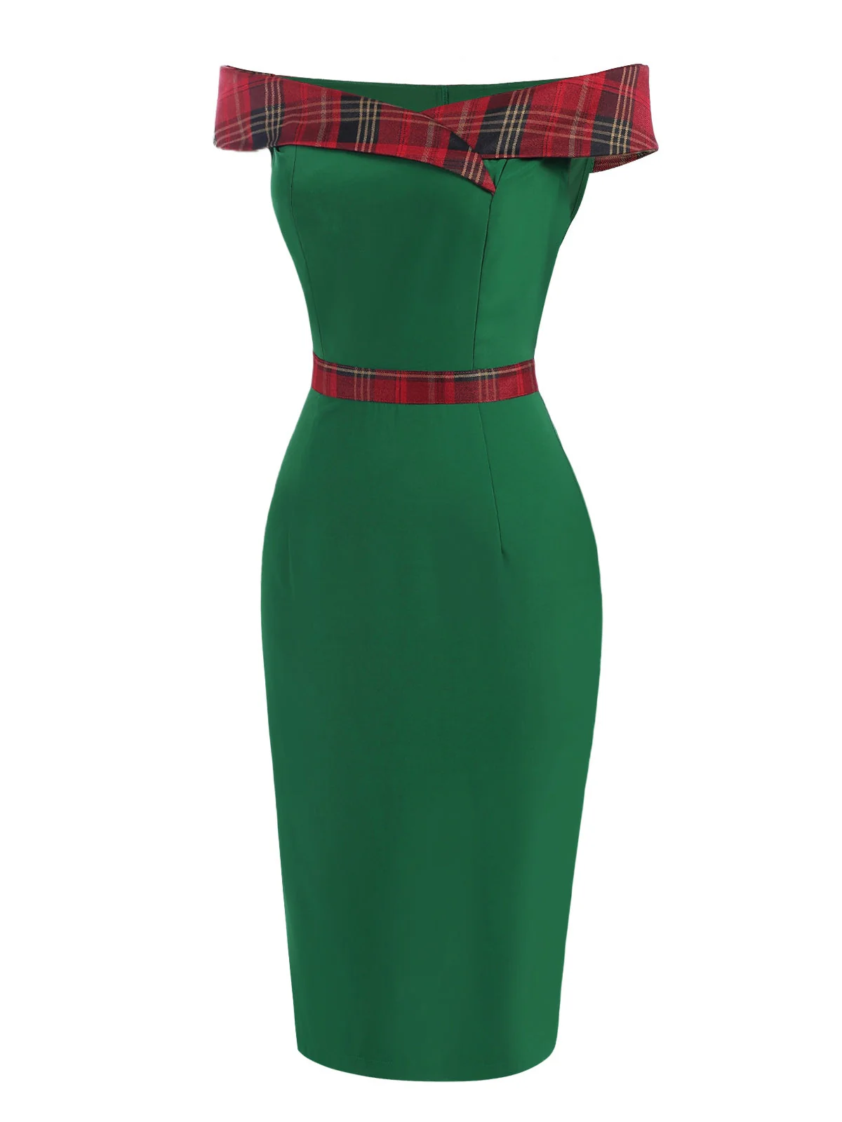 Robe patchwork à épaules dénudées en tartan vert des années 1960 - Image 3