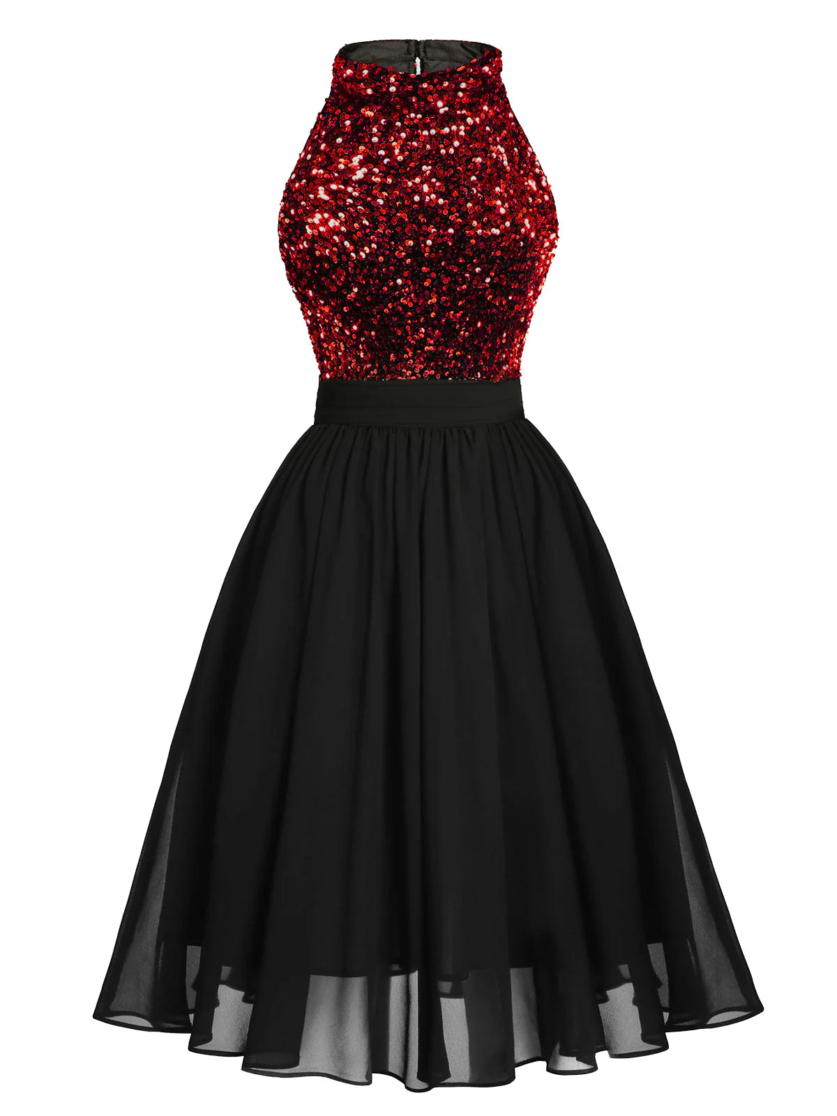Robe patchwork rouge à paillettes dorées des années 1950 - Image 3