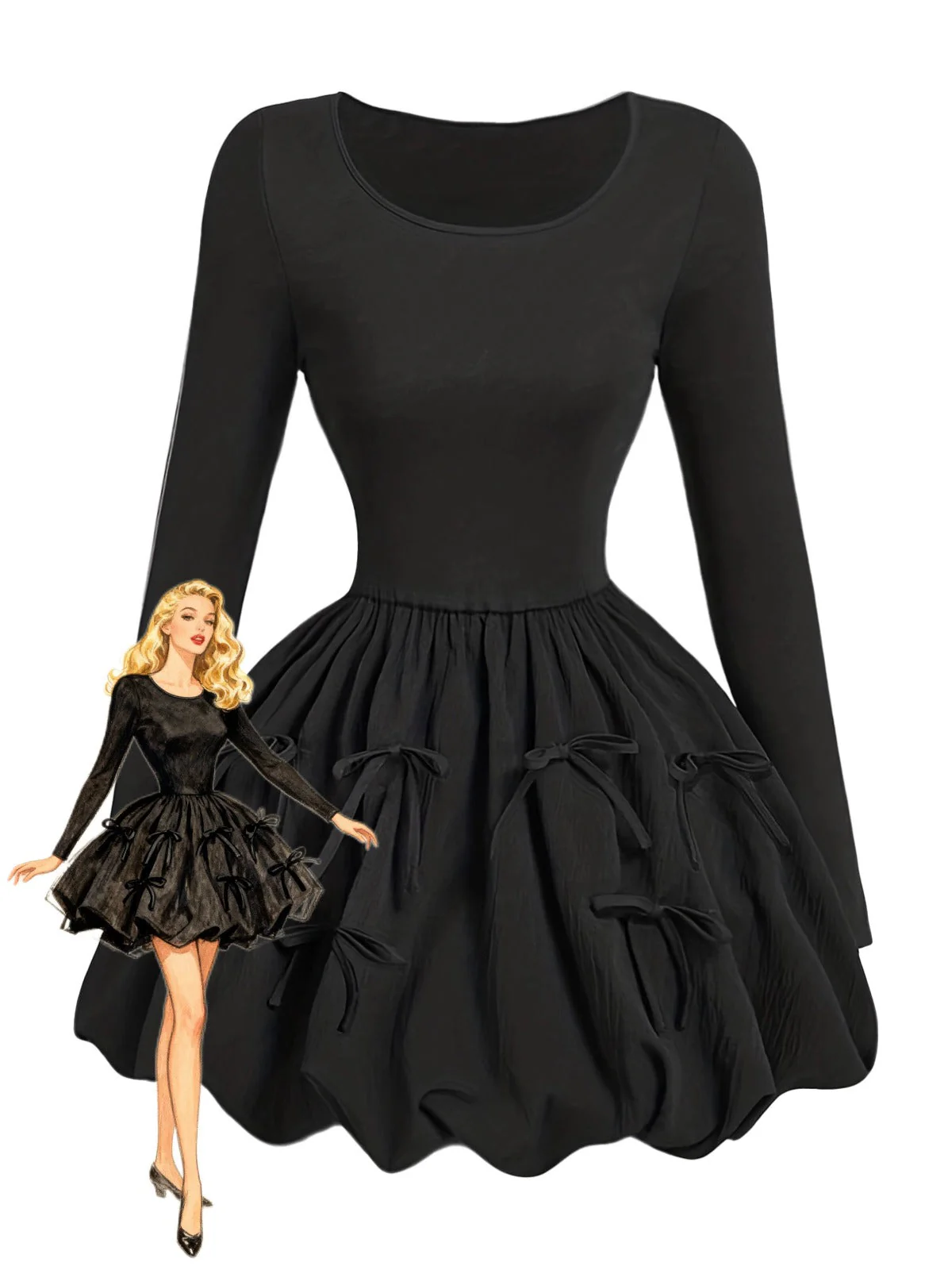 Robe patineuse noire nœuds papillon manches fines années 70