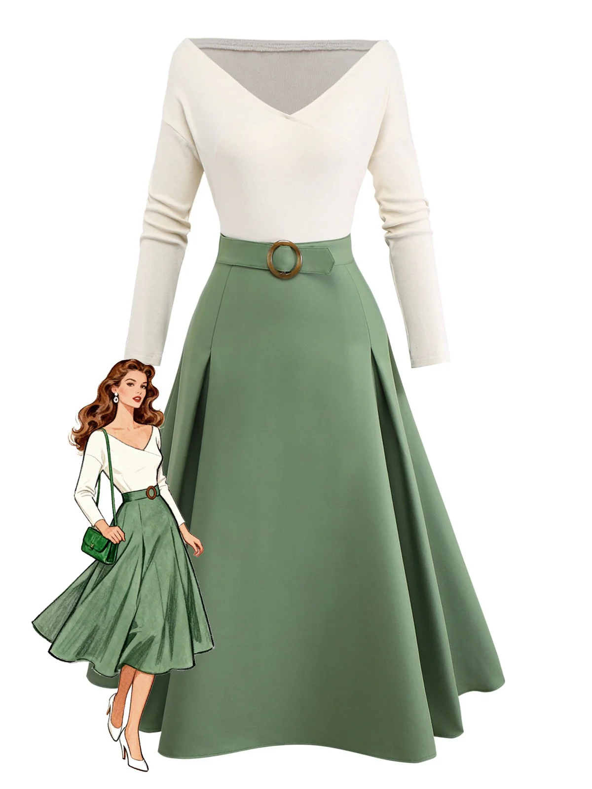 Robe plissée beige et verte en maille épaules dénudées années 50