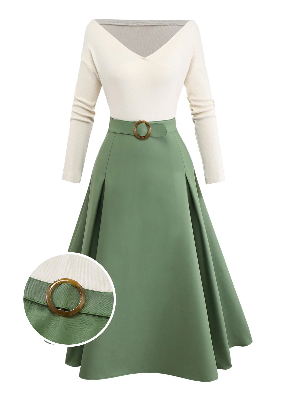 Robe plissée beige et verte en maille épaules dénudées années 50 - Image 5