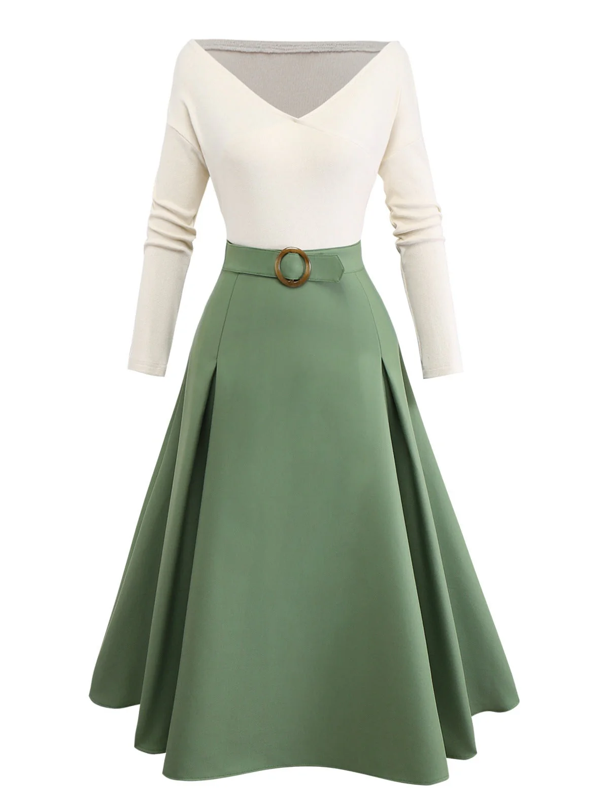 Robe plissée beige et verte en maille épaules dénudées années 50 - Image 6