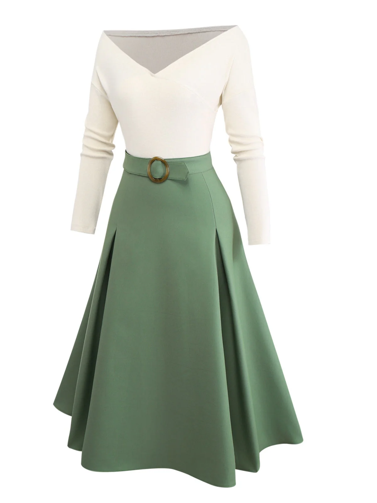 Robe plissée beige et verte en maille épaules dénudées années 50 - Image 7