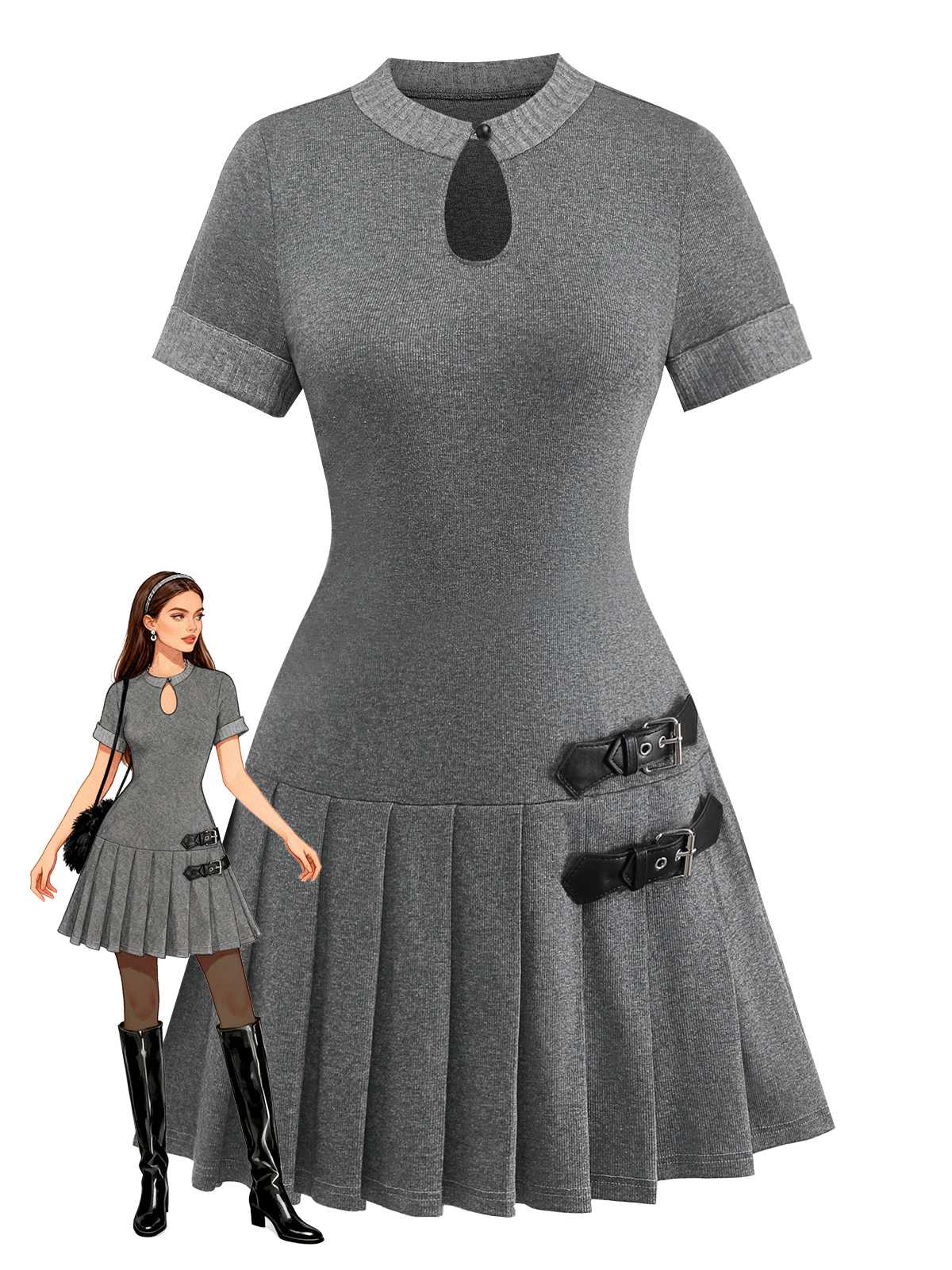 Robe plissée en cuir tricoté gris des années 1970