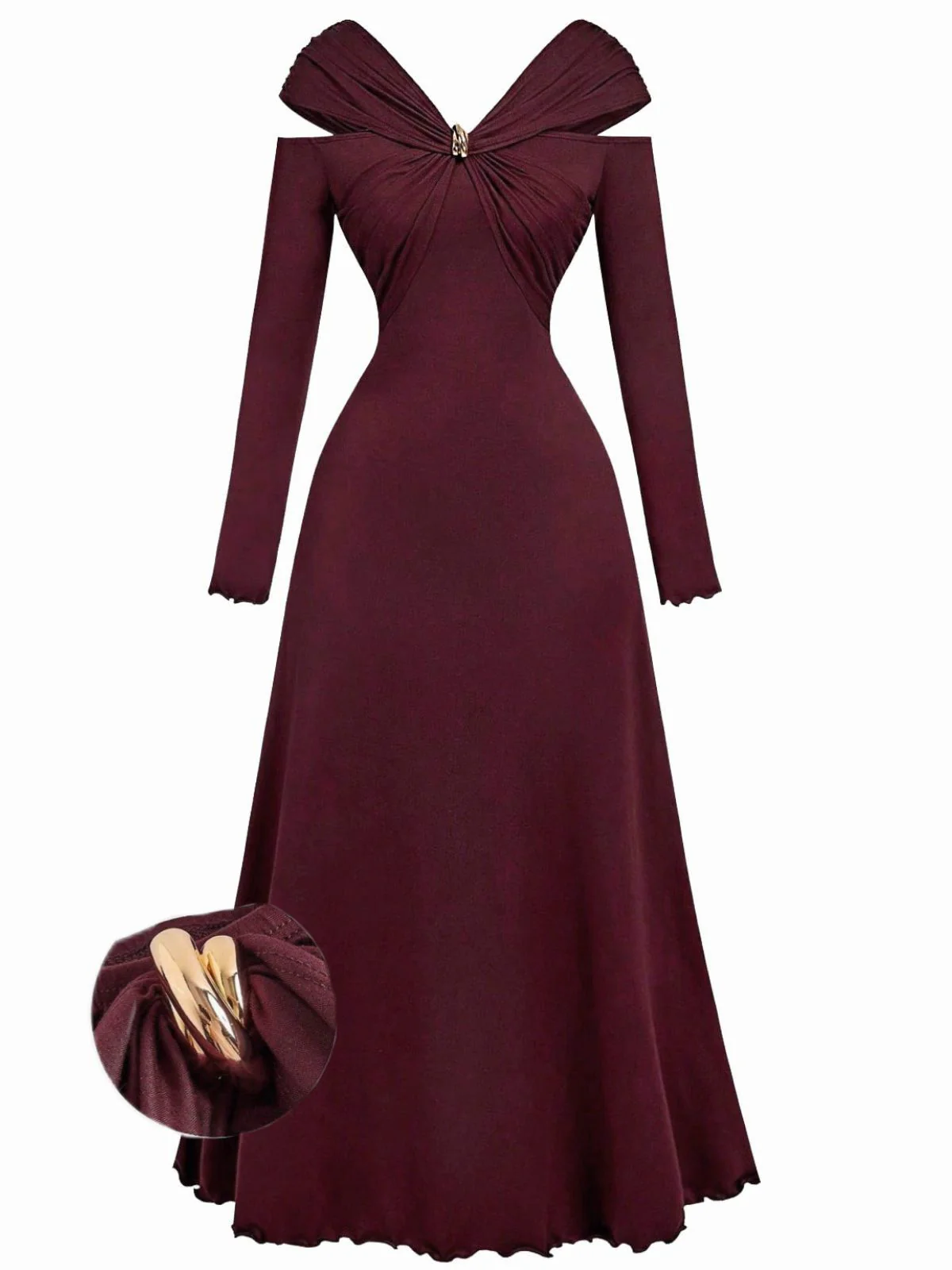 Robe plissée bordeaux épaules dénudées et manches longues années 1940 - Image 6