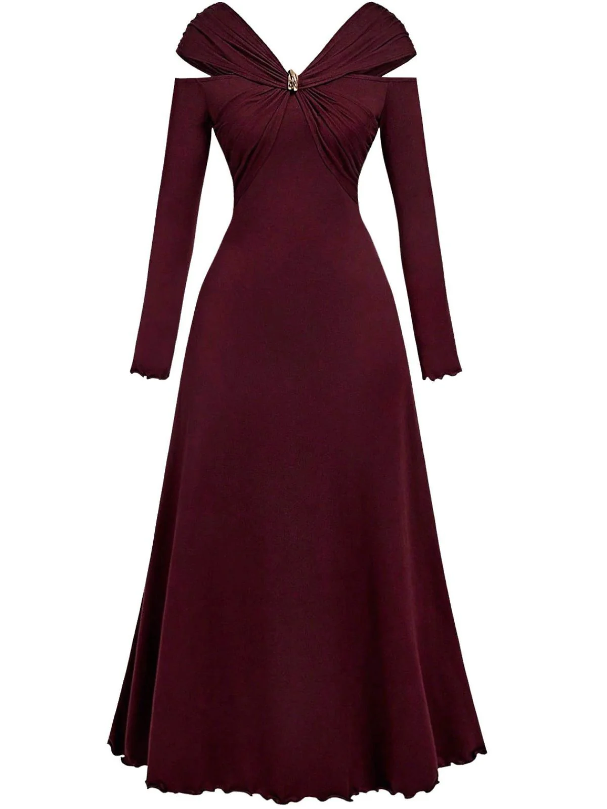 Robe plissée bordeaux épaules dénudées et manches longues années 1940 - Image 7