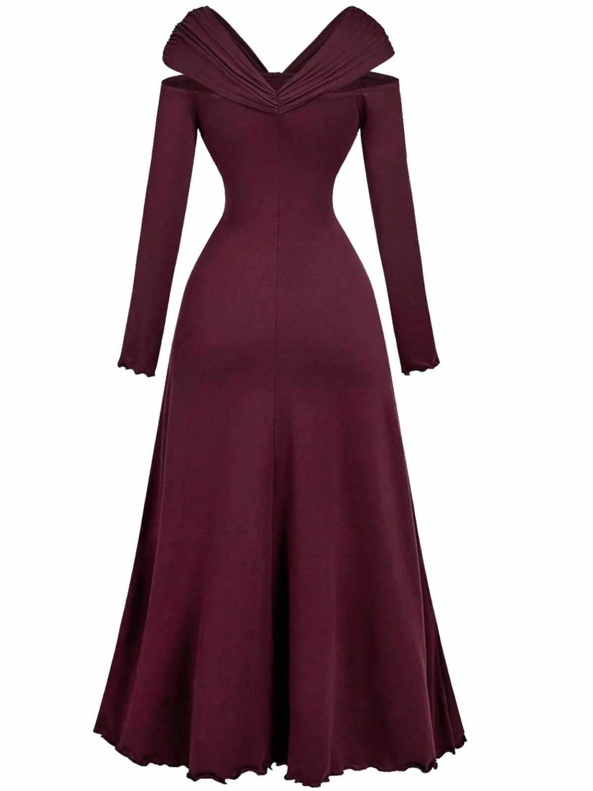 Robe plissée bordeaux épaules dénudées et manches longues années 1940 - Image 8