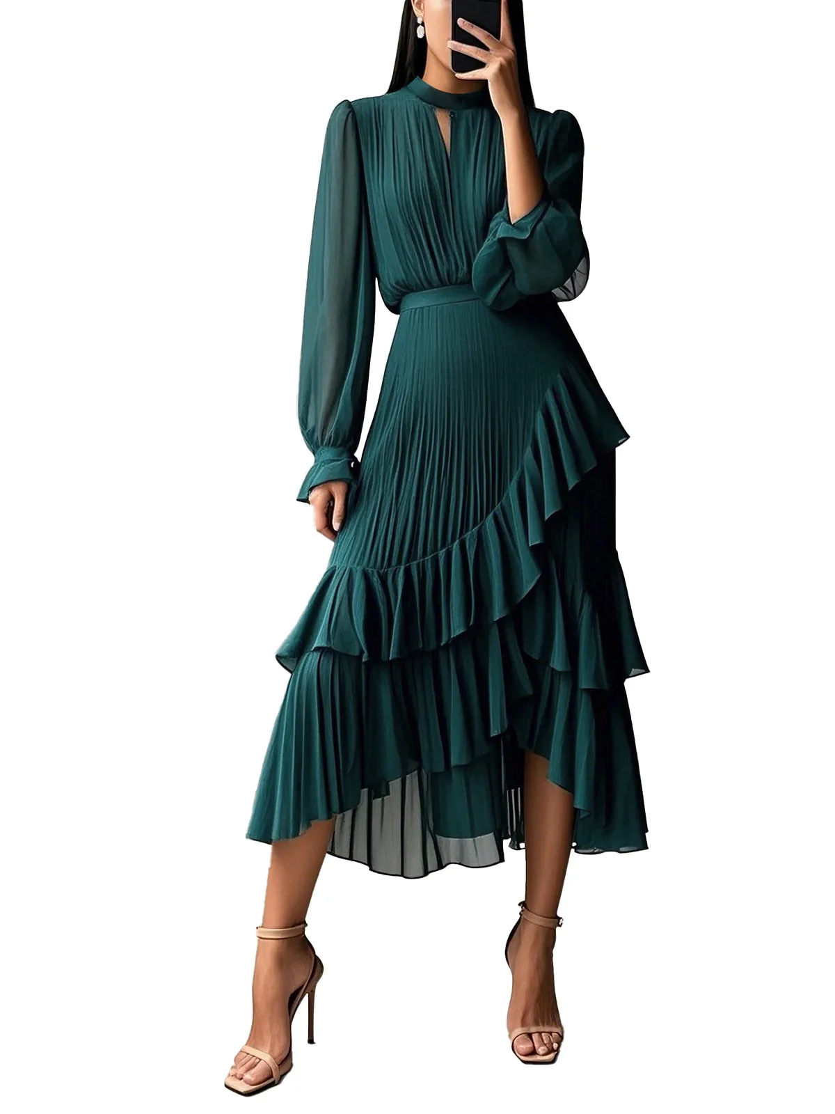 Robe plissée verte unie à ourlet volanté années 1950 - Image 2