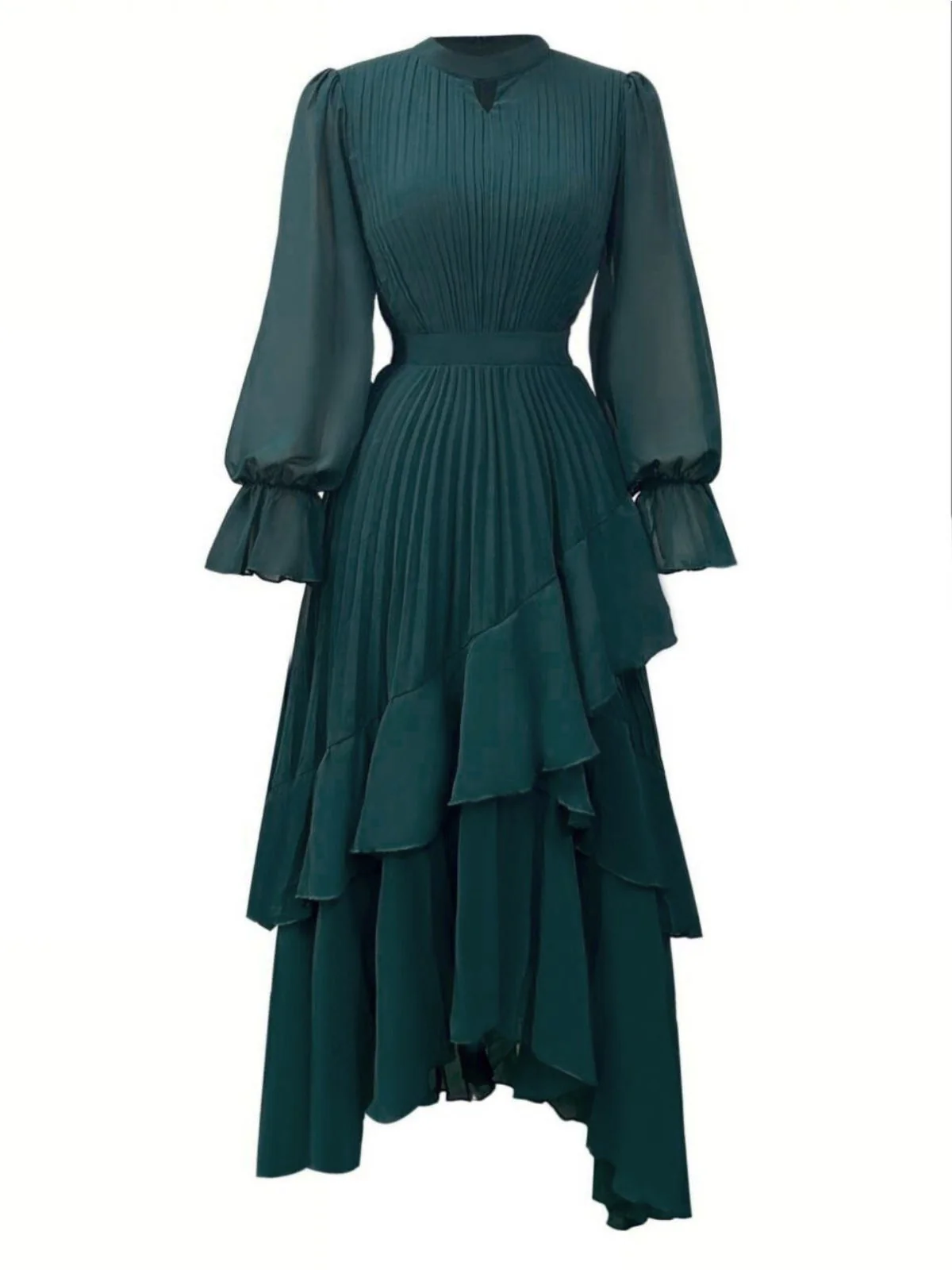 Robe plissée verte unie à ourlet volanté années 1950 - Image 3
