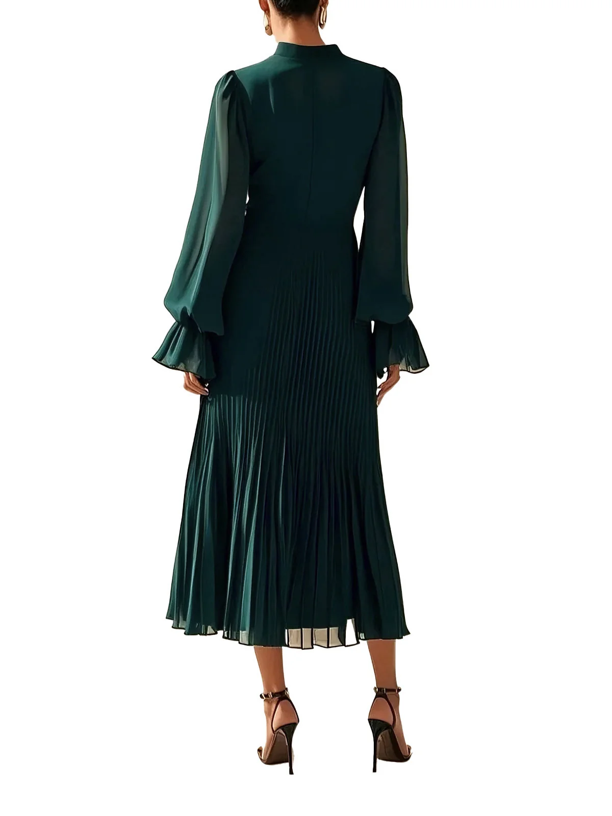 Robe plissée verte unie à ourlet volanté années 1950 - Image 4