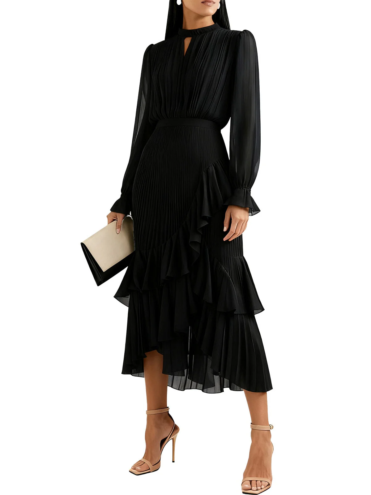Robe plissée verte unie à ourlet volanté années 1950 - Image 6