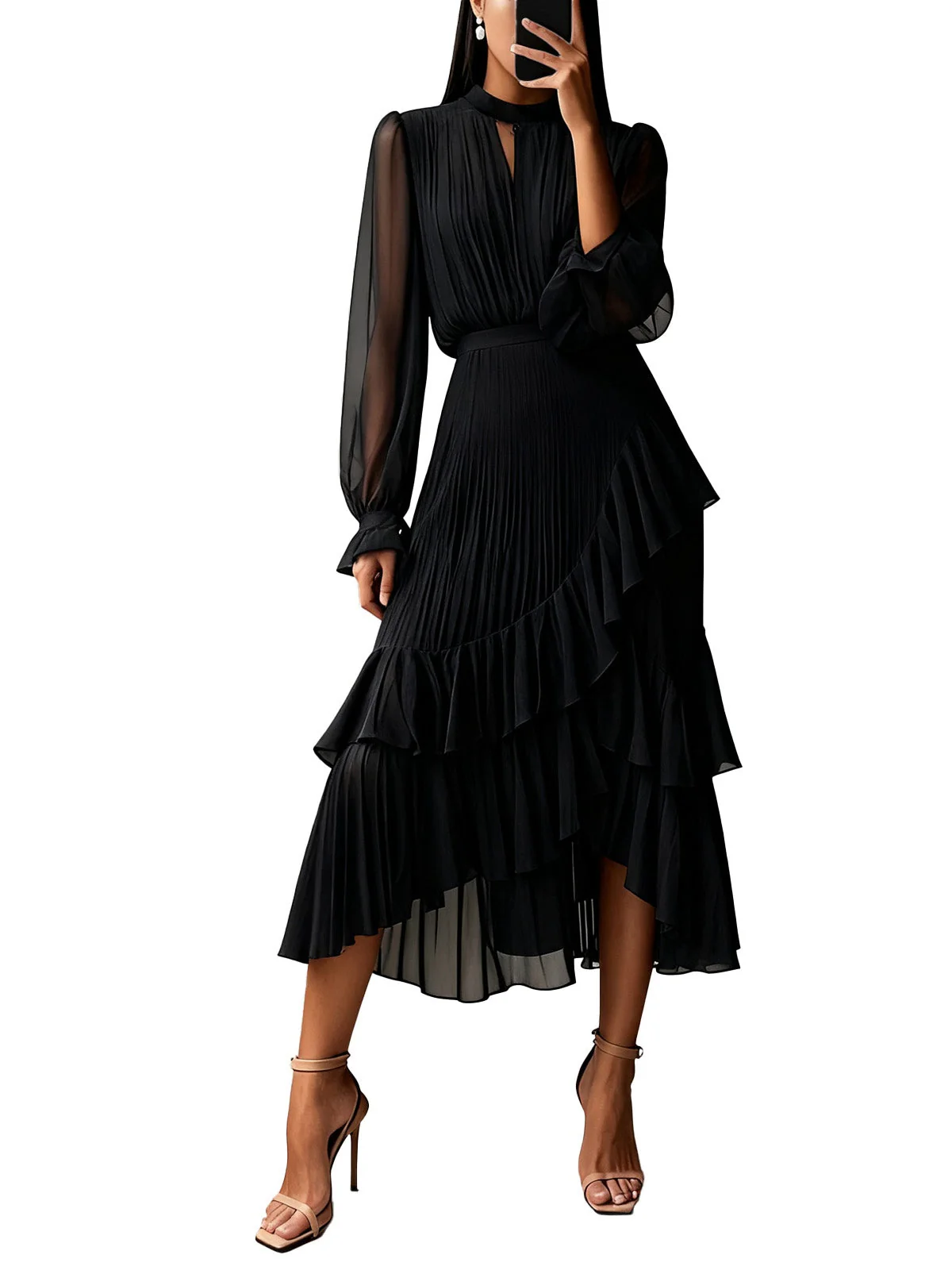 Robe plissée verte unie à ourlet volanté années 1950 - Image 8