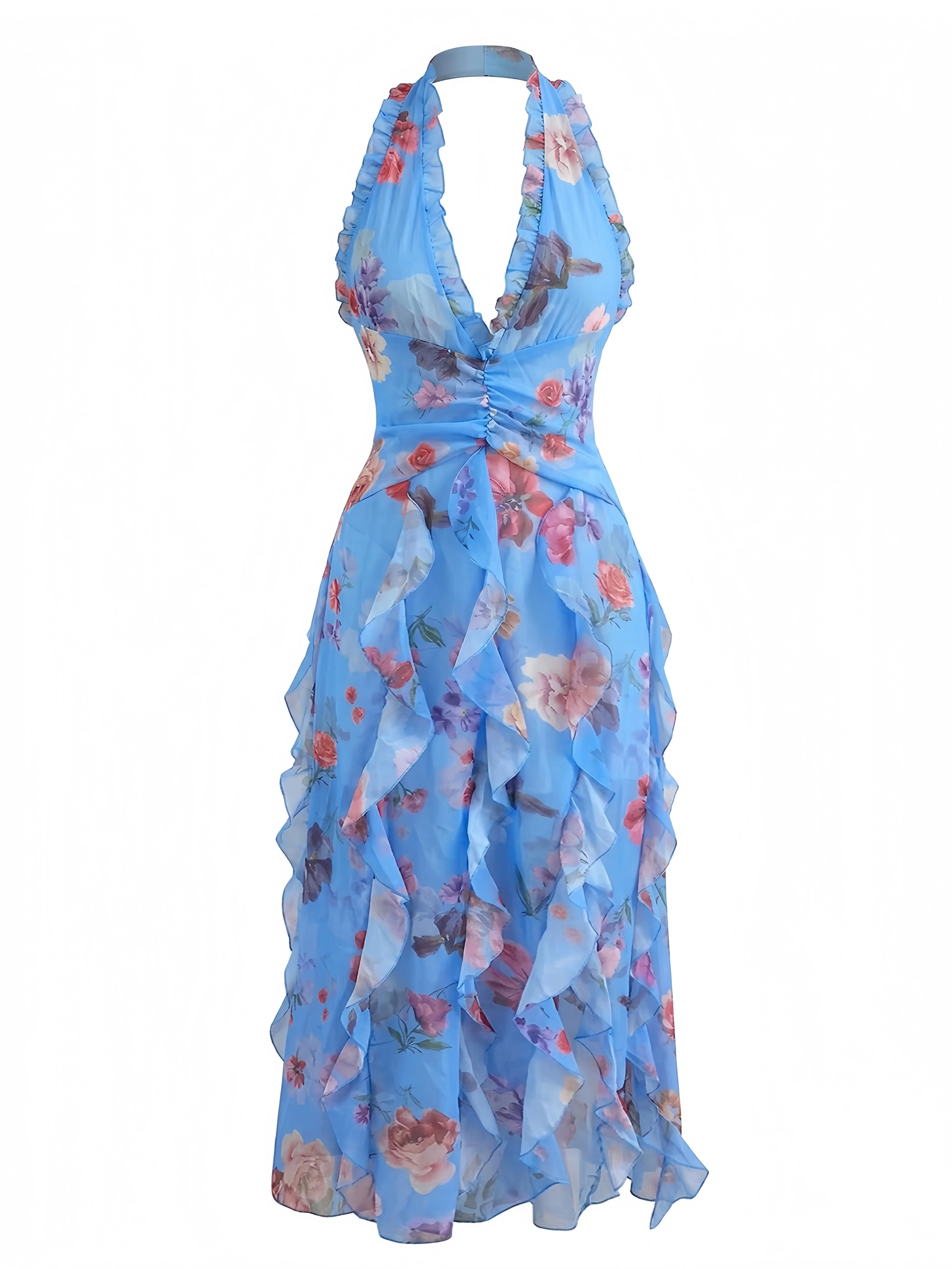 Robe plissée volants col halter et dos nu fleuri années 1930 - Image 2